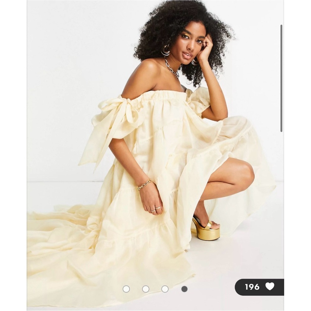 ASOS Pale Yellow Off-Shoulder Tie-Sleeve Maxi Dress